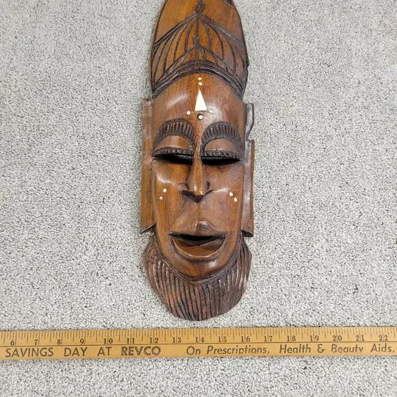 Vintage African Tribal Mask 19" Wood Hand Carved Face Natural Inlaid Art Decor